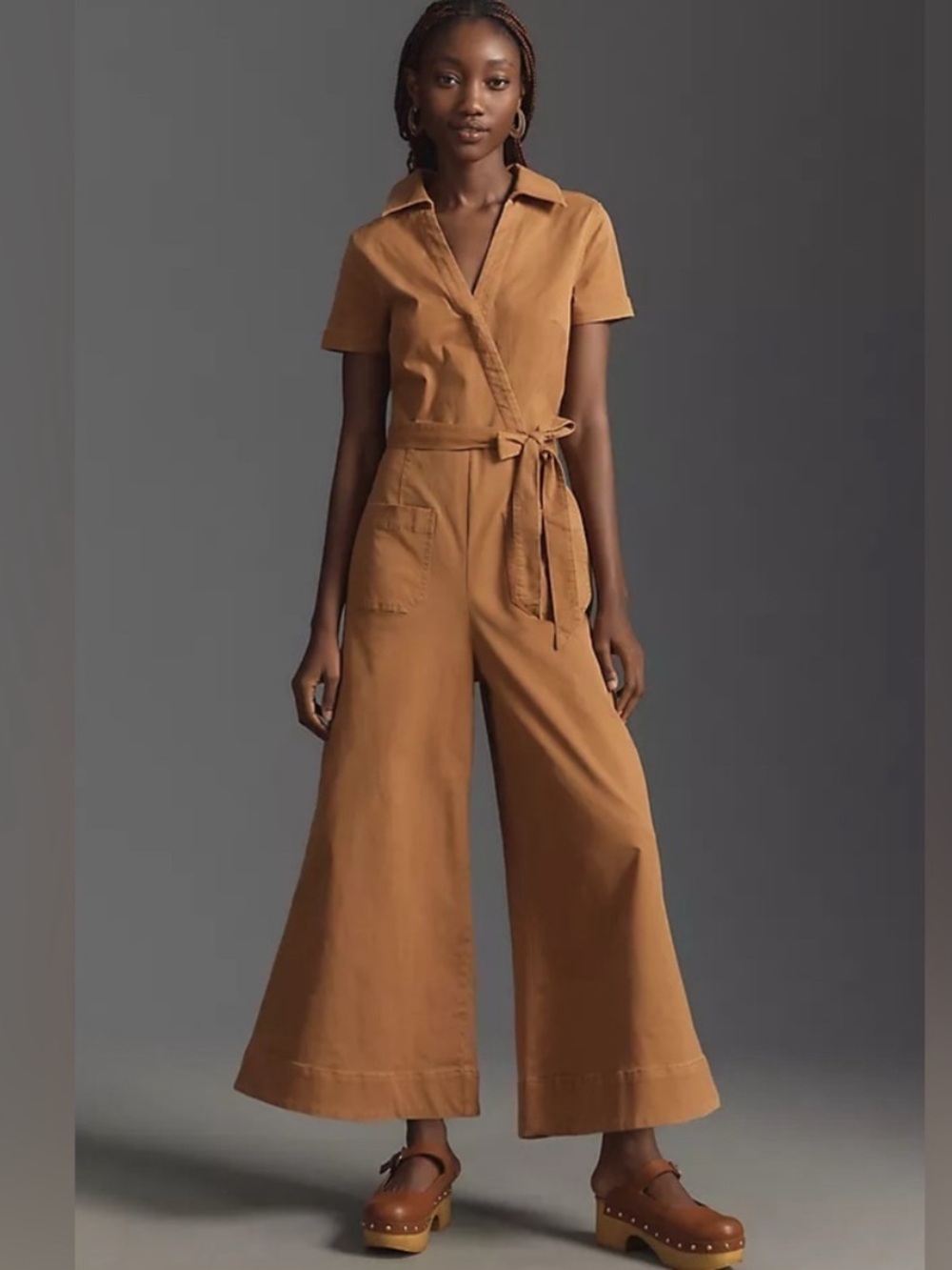Anthropologie Rust Brown Short-Sleeve Wide-Leg Wrap Jumpsuit